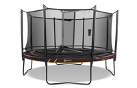 A round trampoline with a safety enclosure net and a maroon padding cover, set on a black frame.